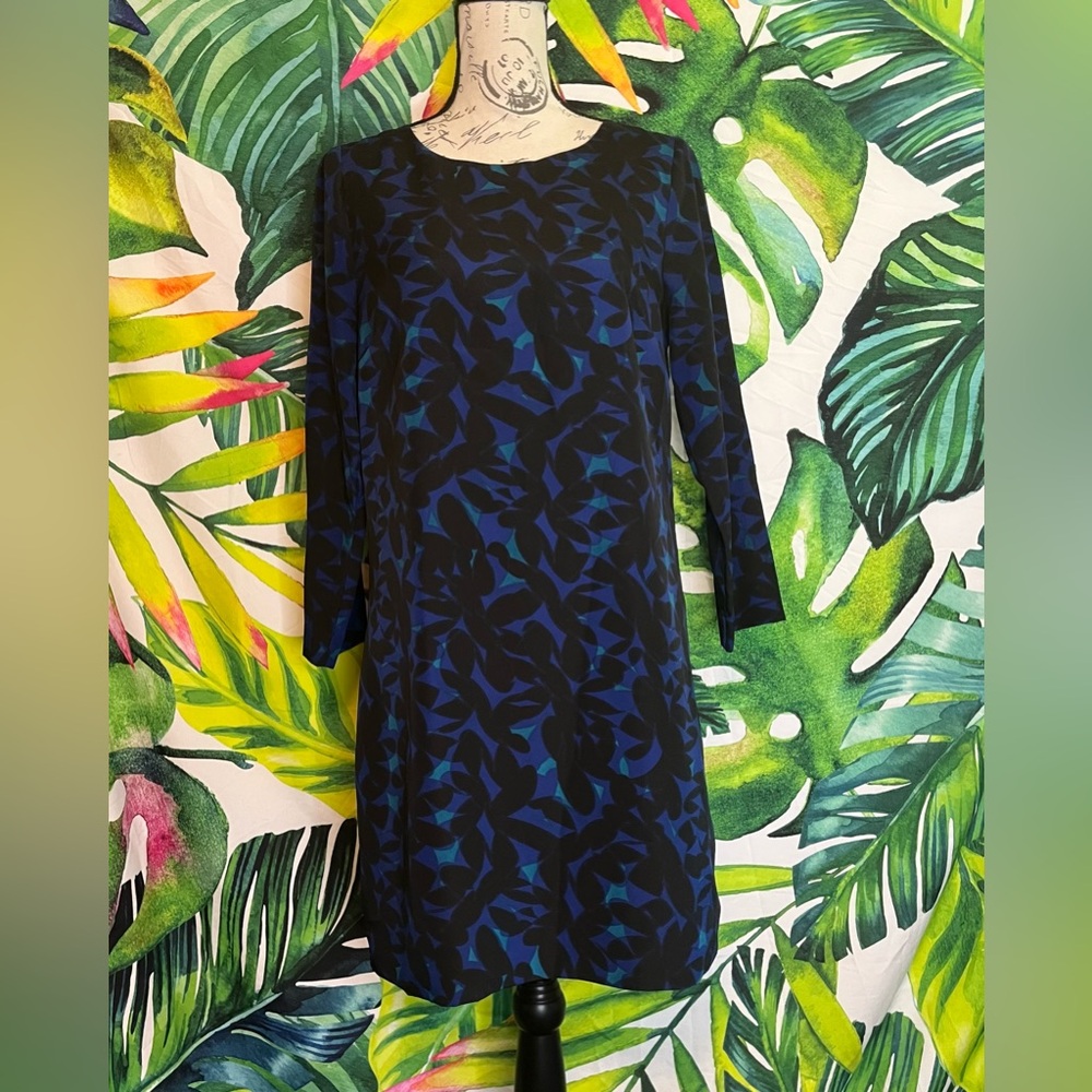 J. Crew 4 Blue Black Leaf Print Preppy Lined Office Teacher Work Shift Dress